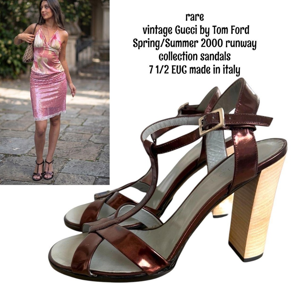 Vintage Tom Ford for Gucci S/S 2000 T-Strap Wood Block Heel Sandals 7 1/2 euc